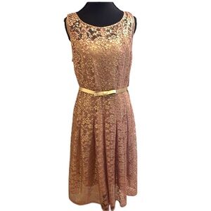 Chetta B Elegant Gold Lace Sleeveless Dress with Belt, Size 14